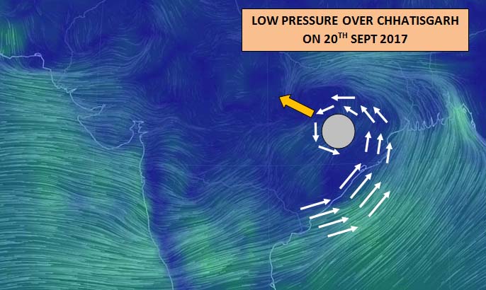 Low pressure over Chhatisgarh on 20th Sept 2017