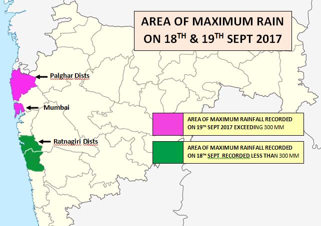 AREA OF MAXIMUM RAINFALL RECORDED ON 19TH SEPT 2017 EXCEEDING 300 MM OVER MUMBAI & RATNAGIRI